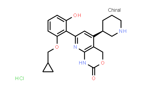 CAS No. 600734-07-4, 2H-Pyrido[2,3-d][1,3]oxazin-2-one, 7-[2-(cyclopropylmethoxy)-6-hydroxyphenyl]-1,4-dihydro-5-(3R)-3-piperidinyl-, hydrochloride (1:1)