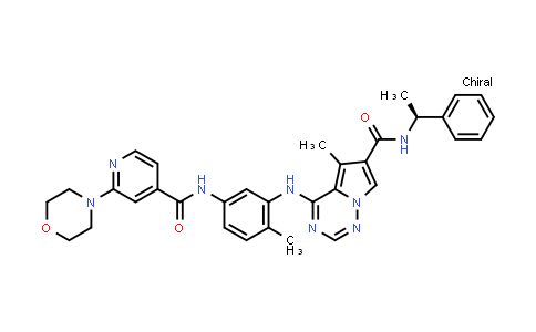 DY563948 | 623153-28-6 | Pyrrolo[2,1-f][1,2,4]triazine-6-carboxamide, 5-methyl-4-[[2-methyl-5-[[[2-(4-morpholinyl)-4-pyridinyl]carbonyl]amino]phenyl]amino]-N-[(1S)-1-phenylethyl]-