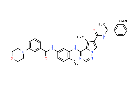CAS No. 623153-31-1, Pyrrolo[2,1-f][1,2,4]triazine-6-carboxamide, 5-methyl-4-[[2-methyl-5-[[3-(4-morpholinyl)benzoyl]amino]phenyl]amino]-N-[(1S)-1-phenylethyl]-