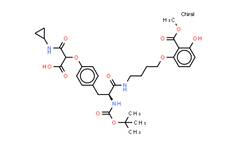 CAS No. 623563-74-6, Benzoic acid, 2-[4-[[(2S)-3-[4-[1-carboxy-2-(cyclopropylamino)-2-oxoethoxy]phenyl]-2-[[(1,1-dimethylethoxy)carbonyl]amino]-1-oxopropyl]amino]butoxy]-6-hydroxy-, 1-methyl ester
