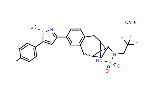 CAS No. 623576-36-3, Spiro[6,9-methanobenzocyclooctene-11,3'-[1,2,5]thiadiazolidine], 2-[5-(4-fluorophenyl)-1-methyl-1H-pyrazol-3-yl]-5,6,7,8,9,10-hexahydro-5'-(2,2,2-trifluoroethyl)-, 1',1'-dioxide, (3'R,6S,9R)-