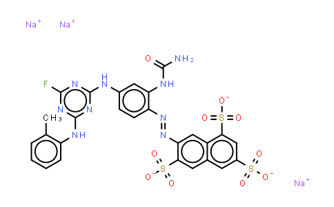 CAS No. 63817-39-0, 7-2-(aminocarbonyl)amino-4-4-fluoro-6-(2-methylphenyl)amino-1,3,5-triazin-2-ylaminophenylazonaphthalene-1,3,6- trisulphonate (sodium salt)
