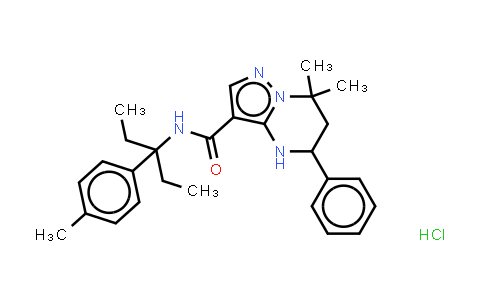 CAS No. 667928-14-5, Pyrazolo[1,5-a]pyrimidine-3-carboxamide, N-[1-ethyl-1-(4-methylphenyl)propyl]-4,5,6,7-tetrahydro-7,7-dimethyl-5-phenyl-, (Hydrochloride) (1:1)