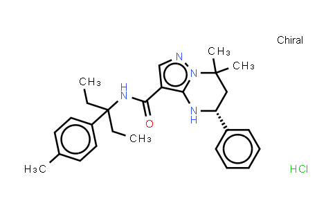 CAS No. 667931-02-4, Pyrazolo[1,5-a]pyrimidine-3-carboxamide, N-[1-ethyl-1-(4-methylphenyl)propyl]-4,5,6,7-tetrahydro-7,7-dimethyl-5-phenyl-, (Hydrochloride) (1:1), (5R)-