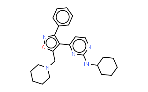 CAS No. 673451-39-3, 2-Pyrimidinamine, N-cyclohexyl-4-[3-phenyl-5-(1-piperidinylmethyl)-4-isoxazolyl]-