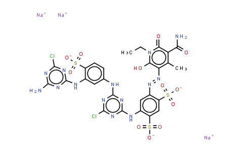 CAS No. 68110-27-0, 4-5-(Aminocarbonyl)-1-ethyl-1,6-dihydro-2-hydroxy-4-methyl-6-oxo-3-pyridinylazo-6-4-3-(4-amino-6-chloro-1,3,5-triazin-2-yl) amino-4-sulfophenylamino-6-chloro-1,3,5-triazin-2-ylamino-1,3-benzenedisulfonic acid (trisodium salt)