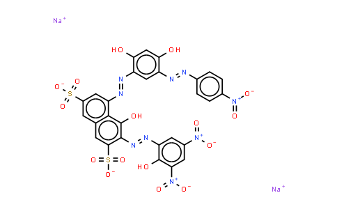 CAS No. 68155-63-5, 5-2,4-dihydroxy-5-(4-nitrophenyl)azophenylazo-4-hydroxy-3-(2-hydroxy-3,5-dinitrophenyl)azonaphthalene-2,7-disulphon ate (sodium salt)