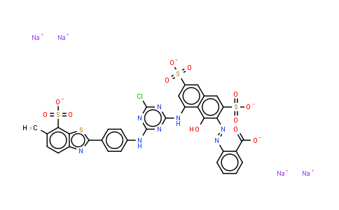 CAS No. 70209-93-7, 2-8-4-chloro-6-4-(6-methyl-7-sulphonatobenzothiazol-2-yl)phenylamino-1,3,5-triazin-2-ylamino-1-hydroxy-3,6-bis ulphonato-2-naphthylazobenzoate (sodium salt)