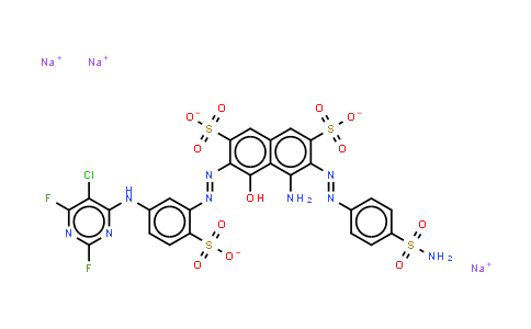 CAS No. 75199-18-7, 4-amino-3-4-(aminosulphonyl)phenylazo-6-5-(5-chloro-2,6-difluoro-4-pyrimidinyl)amino-2-sulphonatophenylazo-5-hyd roxynaphthalene-2,7-disulphonate (sodium salt)