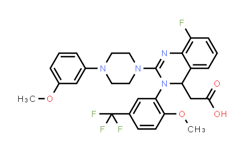 CAS No. 791116-51-3, 4-Quinazolineacetic acid, 8-fluoro-3,4-dihydro-2-[4-(3-methoxyphenyl)-1-piperazinyl]-3-[2-methoxy-5-(trifluoromethyl)phenyl]-