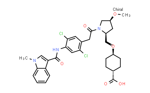 CAS No. 793669-59-7, Cyclohexanecarboxylic acid, 4-[[(2S,4S)-1-[2-[2,5-dichloro-4-[[(1-methyl-1H-indol-3-yl)carbonyl]amino]phenyl]acetyl]-4-methoxy-2-pyrrolidinyl]methoxy]-, trans-