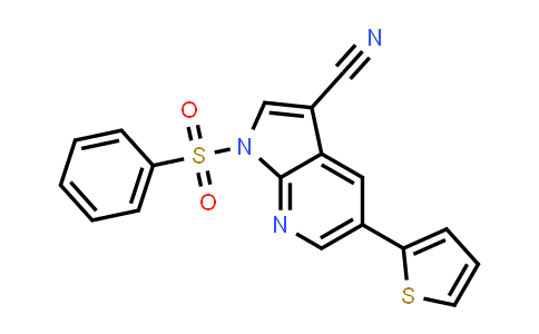CAS No. 799269-87-7, 1H-Pyrrolo[2,3-b]pyridine-3-carbonitrile, 1-(phenylsulfonyl)-5-(2-thienyl)-