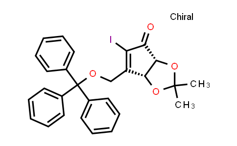 CAS No. 805245-38-9, 4H-Cyclopenta-1,3-dioxol-4-one, 3a,6a-dihydro-5-iodo-2,2-dimethyl-6-[(triphenylmethoxy)methyl]-, (3aR,6aR)-