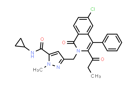 CAS No. 844870-61-7, 1H-Pyrazole-5-carboxamide, 3-[[6-chloro-1-oxo-3-(1-oxopropyl)-4-phenyl-2(1H)-isoquinolinyl]methyl]-N-cyclopropyl-1-methyl-