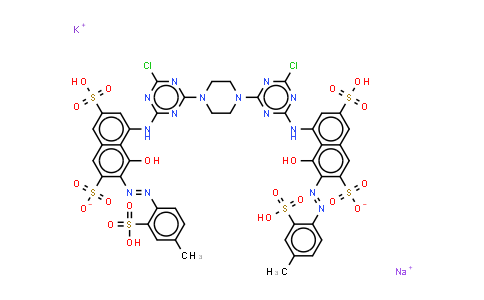 CAS No. 85959-05-3, 4,4'-Piperazine-1,4-diylbis(6-chloro-1,3,5-triazine-4,2-diyl)iminobis5-hydroxy-6-(4-methyl-2-sulphophenyl)azonaphthalene-2,7- disulphonic acid (potassium sodium salt)