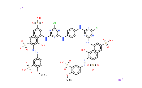 CAS No. 85959-06-4, 4,4'-p-Phenylenebisimino(6-chloro-1,3,5-triazine-4,2-diyl)iminobis5-hydroxy-6-(4-methoxy-3-sulphophenyl)azonaphthalene-2,7-di sulphonic acid (potassium sodium salt)