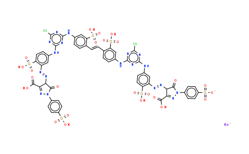 CAS No. 85959-09-7, 1H-Pyrazole-3-carboxylic acid, 4,4'-[1,2-ethenediylbis[(3-sulfo-4,1-phenylene)imino(6-chloro-1,3,5-triazine-4,2-diyl)imino(6-sulfo-3,1-phenylene)azo]]bis[4,5-dihydro-5-oxo-1-(4-sulfophenyl)- (sodium salt)