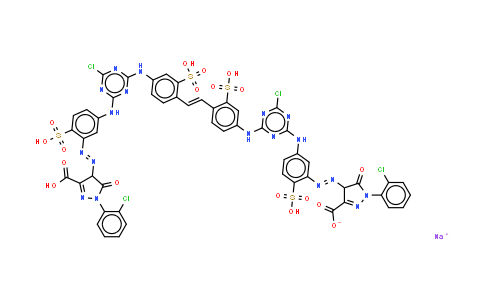CAS No. 85959-10-0, 4,4'-1,2-Ethenediylbis(3-sulfo-4,1-phenylene)imino(6-chloro-1,3,5-triazine-4,2-diyl)imino(6-sulfo-3,1-phenylene)azobis1-(2-chlo rophenyl)-4,5-dihydro-5-oxo-1H-pyrazole-3-carboxylic acid (sodium salt)