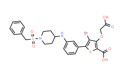 CAS No. 864135-09-1, 2-Thiophenecarboxylic acid, 4-bromo-3-(carboxymethoxy)-5-[3-[[1-[(phenylmethyl)sulfonyl]-4-piperidinyl]amino]phenyl]-