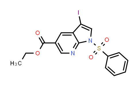 CAS No. 864681-20-9, 1H-Pyrrolo[2,3-b]pyridine-5-carboxylic acid, 3-iodo-1-(phenylsulfonyl)-, ethyl ester
