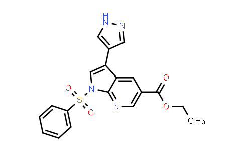 CAS No. 864682-42-8, 1H-Pyrrolo[2,3-b]pyridine-5-carboxylic acid, 1-(phenylsulfonyl)-3-(1H-pyrazol-4-yl)-, ethyl ester