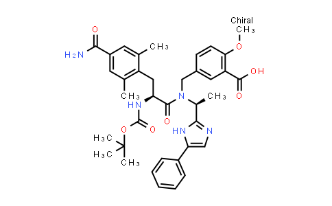 CAS No. 864825-69-4, 5-(((S)-2-((tert-butoxycarbonyl)amino)-3-(4-carbamoyl-2,6-dimethylphenyl)-N-((S)-1-(5-phenyl-1H-imidazol-2-yl)ethyl)propanamido)methyl)-2-methoxybenzoic acid