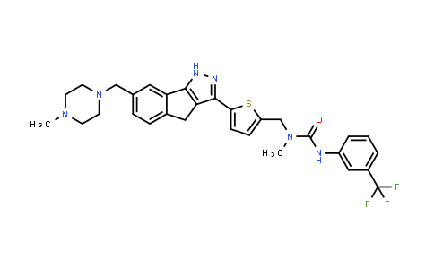 CAS No. 866854-36-6, Urea, N-[[5-[1,4-dihydro-7-[(4-methyl-1-piperazinyl)methyl]indeno[1,2-c]pyrazol-3-yl]-2-thienyl]methyl]-N-methyl-N'-[3-(trifluoromethyl)phenyl]-