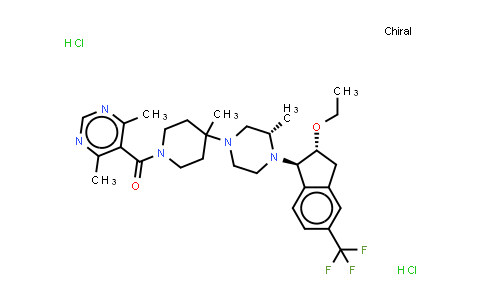 DY576034 | 869725-27-9 | Methanone, (4,6-dimethyl-5-pyrimidinyl)[4-[(3S)-4-[(1R,2R)-2-ethoxy-2,3-dihydro-5-(trifluoromethyl)-1H-inden-1-yl]-3-methyl-1-piperazinyl]-4-methyl-1-piperidinyl]-, (Hydrochloride) (1:2)