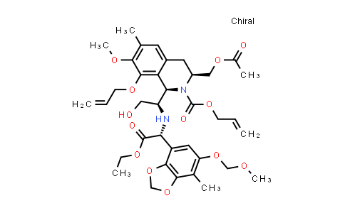 CAS No. 874758-61-9, 2(1H)-Isoquinolinecarboxylic acid, 3-[(acetyloxy)methyl]-1-[(1R)-1-[[(1R)-2-ethoxy-1-[6-(methoxymethoxy)-7-methyl-1,3-benzodioxol-4-yl]-2-oxoethyl]amino]-2-hydroxyethyl]-3,4-dihydro-7-methoxy-6-methyl-8-(2-propenyloxy)-, 2-propenyl ester, (1R,3S)-