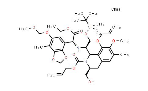 CAS No. 874758-63-1, 2(1H)-Isoquinolinecarboxylic acid, 1-[(1R)-2-[[(1,1-dimethylethyl)dimethylsilyl]oxy]-1-[[(1R)-2-ethoxy-1-[6-(methoxymethoxy)-7-methyl-1,3-benzodioxol-4-yl]-2-oxoethyl]amino]ethyl]-3,4-dihydro-3-(hydroxymethyl)-7-methoxy-6-methyl-8-(2-propenyloxy)-, 2-propenyl ester, (1R,3S)-
