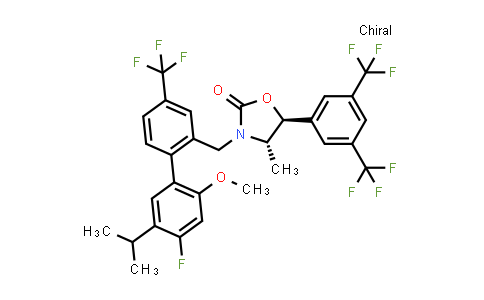 CAS No. 875549-48-7, 2-Oxazolidinone, 5-[3,5-bis(trifluoromethyl)phenyl]-3-[[4'-fluoro-2'-methoxy-5'-(1-methylethyl)-4-(trifluoromethyl)[1,1'-biphenyl]-2-yl]methyl]-4-methyl-, (4S,5S)-