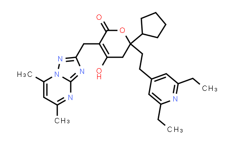 CAS No. 877129-79-8, 6-Cyclopentyl-6-[2-(2,6-diethylpyridin-4-yl)ethyl]-3-[(5,7-dimethyl-[1,2,4]triazolo[1,5-a]pyrimidin-2-yl)methyl]-4-hydroxy-5,6-dihydro-2H-pyran-2-one