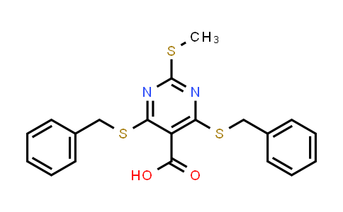 CAS No. 883872-01-3, 5-Pyrimidinecarboxylic acid, 2-(methylthio)-4,6-bis[(phenylmethyl)thio]-
