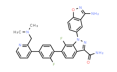 CAS No. 885591-80-0, 1H-Indazole-3-carboxamide, 1-(3-amino-1,2-benzisoxazol-5-yl)-6-[4-[2-[(dimethylamino)methyl]-3-pyridinyl]-2-fluorophenyl]-7-fluoro-