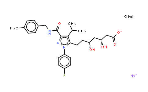 CAS No. 887702-61-6, 1H-Pyrazole-5-heptanoic acid, 1-(4-fluorophenyl)-b,d-dihydroxy-4-(1-methylethyl)-3-[[[(4-methylphenyl)methyl]amino]carbonyl]-, sodium salt (1:1), (bR,dR)-
