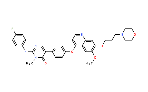 CAS No. 890020-87-8, 4(3H)-Pyrimidinone, 2-[(4-fluorophenyl)amino]-5-[5-[[6-methoxy-7-[3-(4-morpholinyl)propoxy]-4-quinolinyl]oxy]-2-pyridinyl]-3-methyl-
