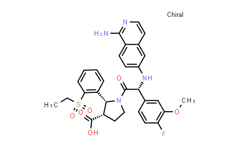 CAS No. 900173-62-8, 3-Pyrrolidinecarboxylic acid, 1-[(2R)-[(1-amino-6-isoquinolinyl)amino](4-fluoro-3-methoxyphenyl)acetyl]-2-[2-(ethylsulfonyl)phenyl]-, (2R,3S)-