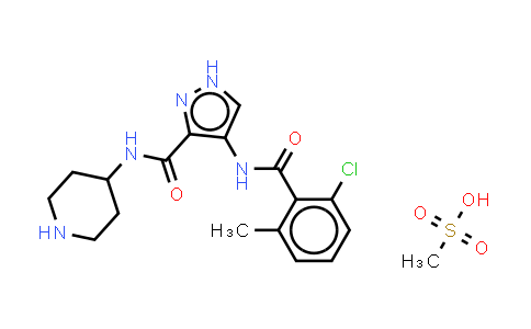 CAS No. 902135-89-1, 1H-Pyrazole-3-carboxamide, 4-[(2,6-dichlorobenzoyl)amino]-N-4-piperidinyl-, (methanesulfonate) (1:1)