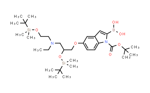 CAS No. 913388-77-9, 1H-Indole-1-carboxylic acid, 2-borono-5-[2-[[(1,1-dimethylethyl)dimethylsilyl]oxy]-3-[[2-[[(1,1-dimethylethyl)dimethylsilyl]oxy]ethyl]ethylamino]propoxy]-, 1-(1,1-dimethylethyl) ester