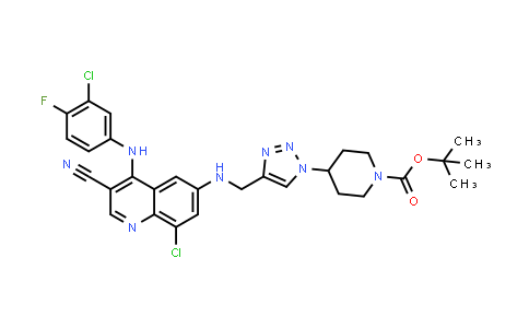 CAS No. 915367-67-8, 1-Piperidinecarboxylic acid, 4-[4-[[[8-chloro-4-[(3-chloro-4-fluorophenyl)amino]-3-cyano-6-quinolinyl]amino]methyl]-1H-1,2,3-triazol-1-yl]-, 1,1-dimethylethyl ester