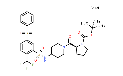 CAS No. 915762-67-3, 1-Pyrrolidinecarboxylic acid, 2-[[4-[[[5-(phenylsulfonyl)-2-(trifluoromethyl)phenyl]sulfonyl]amino]-1-piperidinyl]carbonyl]-, 1,1-dimethylethyl ester, (2S)-