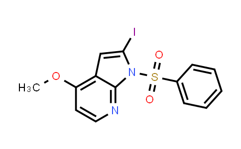 CAS No. 916574-88-4, 1H-Pyrrolo[2,3-b]pyridine, 2-iodo-4-methoxy-1-(phenylsulfonyl)-