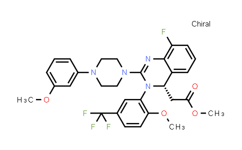 CAS No. 917389-29-8, 4-Quinazolineacetic acid, 8-fluoro-3,4-dihydro-2-[4-(3-methoxyphenyl)-1-piperazinyl]-3-[2-methoxy-5-(trifluoromethyl)phenyl]-, methyl ester, (4S)-