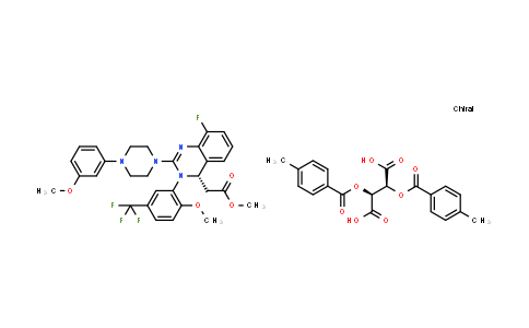 CAS No. 917389-30-1, Butanedioic acid, 2,3-bis[(4-methylbenzoyl)oxy]-, (2S,3S)-, compd. with methyl (4S)-8-fluoro-3,4-dihydro-2-[4-(3-methoxyphenyl)-1-piperazinyl]-3-[2-methoxy-5-(trifluoromethyl)phenyl]-4-quinazolineacetate (1:1)