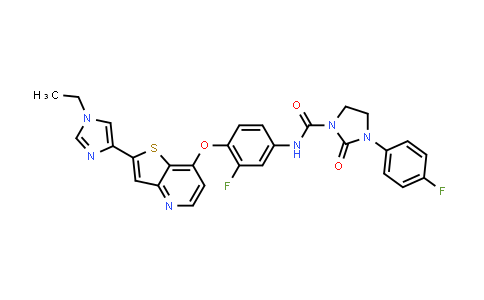 CAS No. 918640-76-3, 1-Imidazolidinecarboxamide, N-[4-[[2-(1-ethyl-1H-imidazol-4-yl)thieno[3,2-b]pyridin-7-yl]oxy]-3-fluorophenyl]-3-(4-fluorophenyl)-2-oxo-