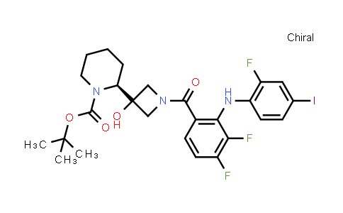 DY581032 | 934663-52-2 | 1-Piperidinecarboxylic acid, 2-[1-[3,4-difluoro-2-[(2-fluoro-4-iodophenyl)amino]benzoyl]-3-hydroxy-3-azetidinyl]-, 1,1-dimethylethyl ester, (2S)-