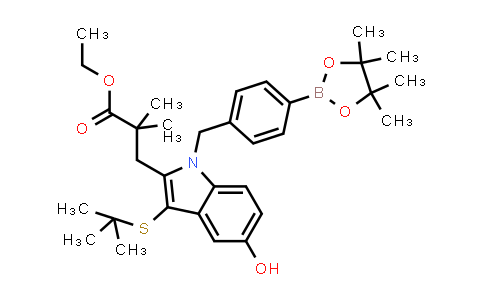 CAS No. 936351-51-8, 1H-Indole-2-propanoic acid, 3-[(1,1-dimethylethyl)thio]-5-hydroxy-α,α-dimethyl-1-[[4-(4,4,5,5-tetramethyl-1,3,2-dioxaborolan-2-yl)phenyl]methyl]-, ethyl ester