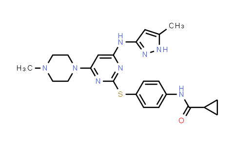 DY581194 | 936915-58-1 | Cyclopropanecarboxamide, N-[4-[[4-(4-methyl-1-piperazinyl)-6-[(5-methyl-1H-pyrazol-3-yl)amino]-2-pyrimidinyl]thio]phenyl]-