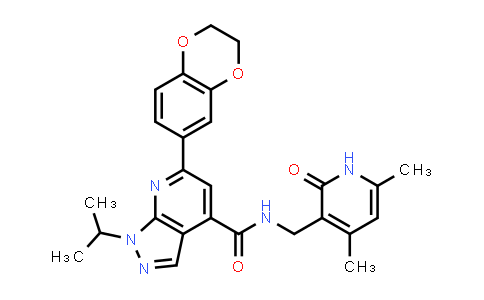 CAS No. 938431-72-2, 1H-Pyrazolo[3,4-b]pyridine-4-carboxamide, 6-(2,3-dihydro-1,4-benzodioxin-6-yl)-N-[(1,2-dihydro-4,6-dimethyl-2-oxo-3-pyridinyl)methyl]-1-(1-methylethyl)-