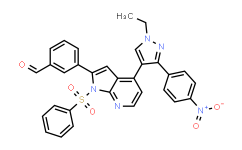 CAS No. 942920-00-5, 3-(4-(1-Ethyl-3-(4-nitrophenyl)-1H-pyrazol-4-yl)-1-(phenylsulfonyl)-1H-pyrrolo[2,3-b]pyridin-2-yl)benzaldehyde